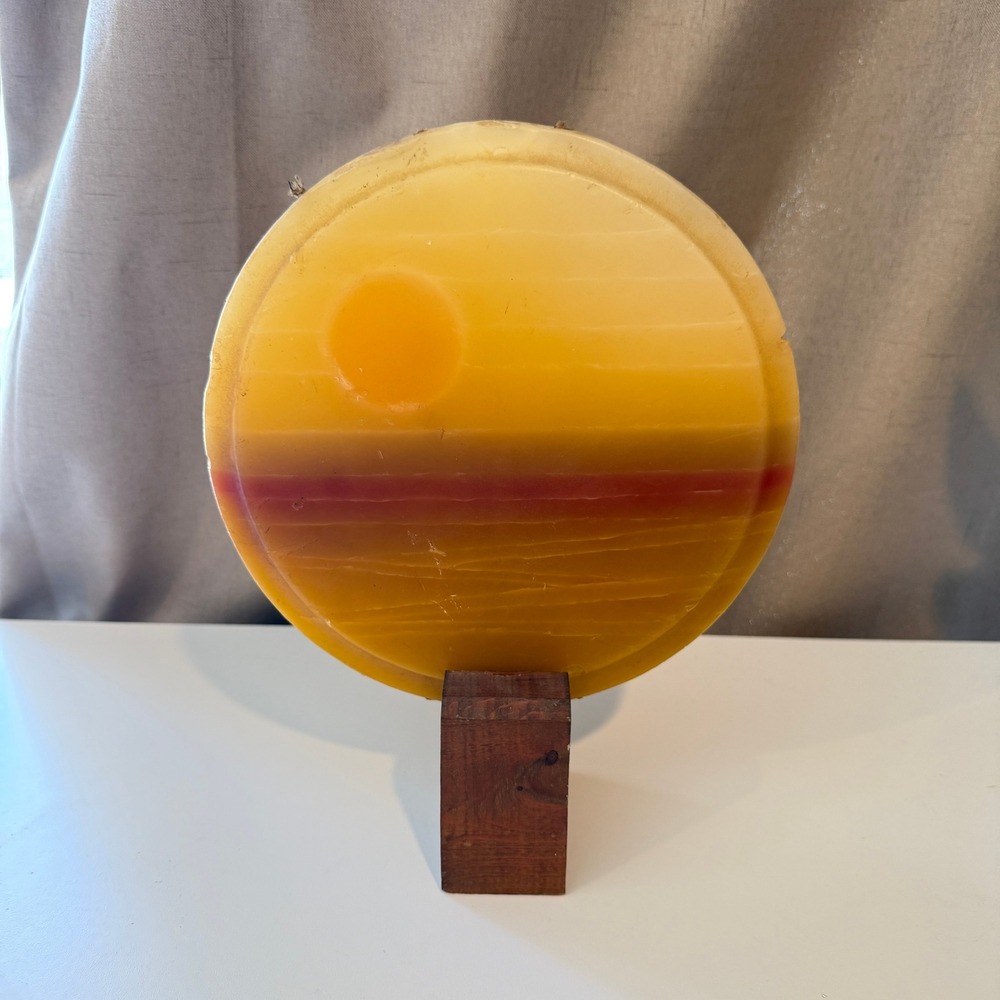 Vintage Wax Sunset Sculpture Candle Circular Art on Wood Base Yellow Orange